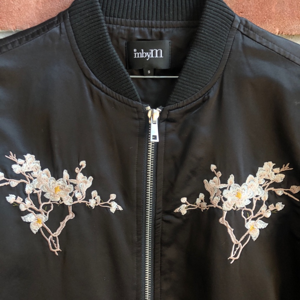 Satin bomber jacket with embroidered flowers